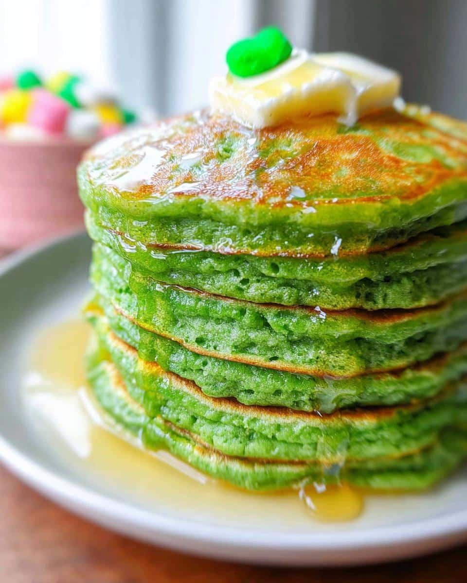 A tall stack of vibrant green St. Patrick's Day Pancakes drizzled with syrup and topped with butter.