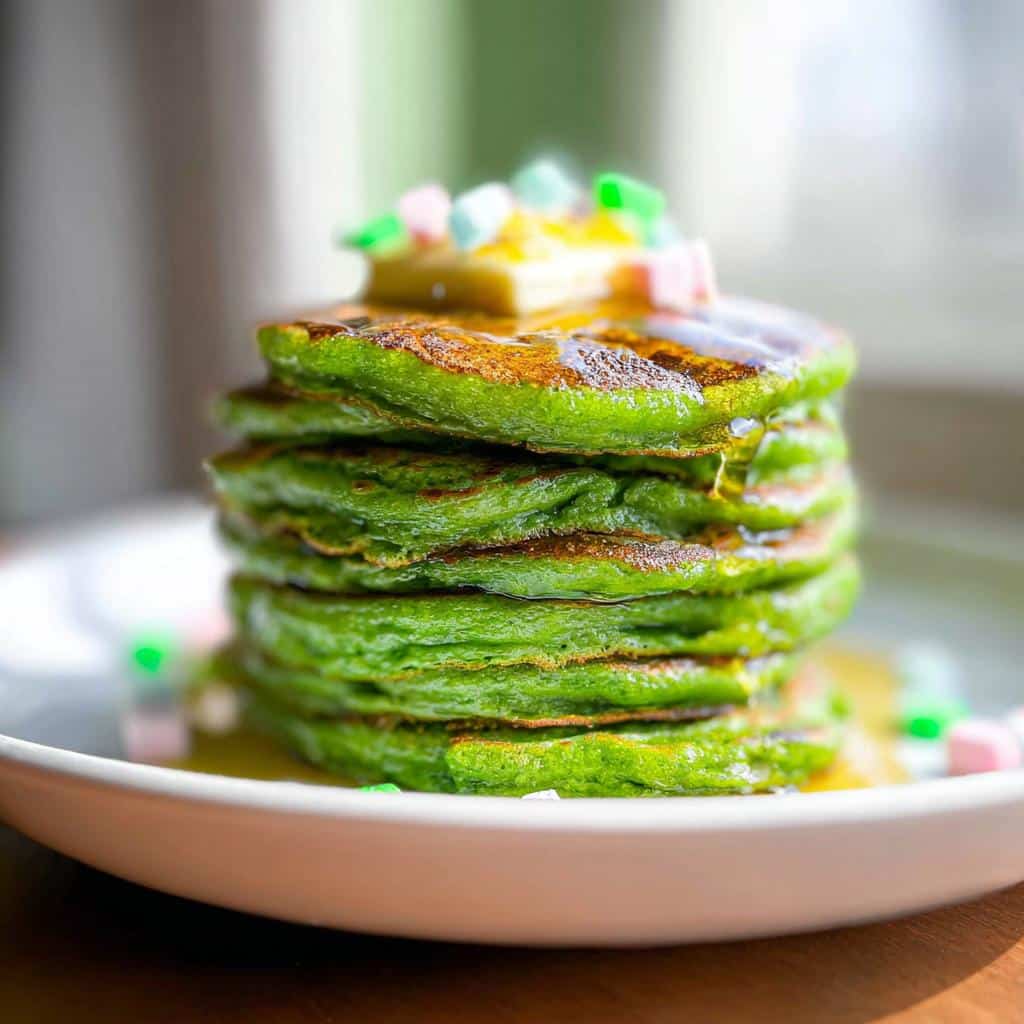 A tall stack of vibrant green St. Patrick's Day Pancakes drizzled with syrup and topped with butter and colorful sprinkles.