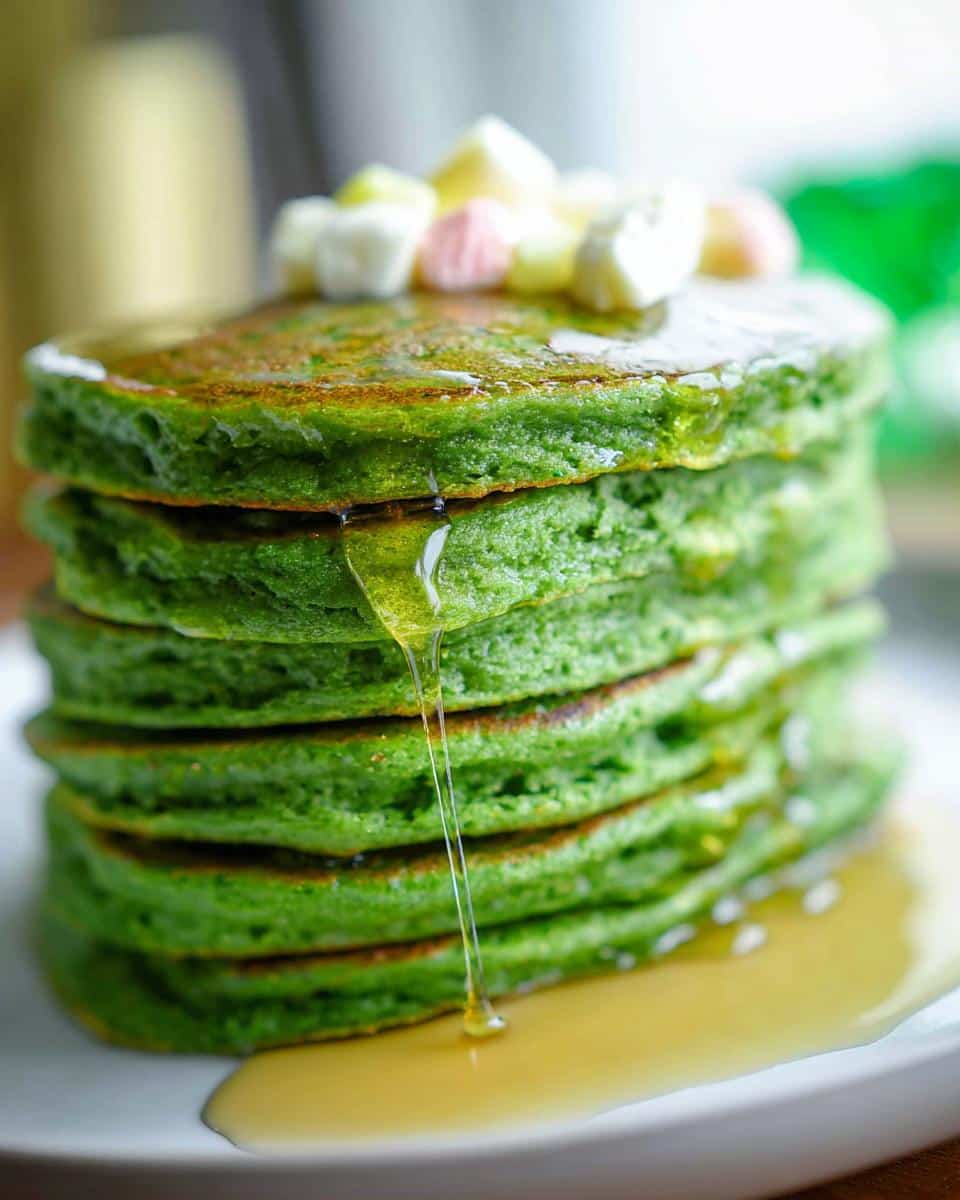 A tall stack of bright green St. Patrick's Day Pancakes being drizzled with syrup and topped with mini marshmallows.