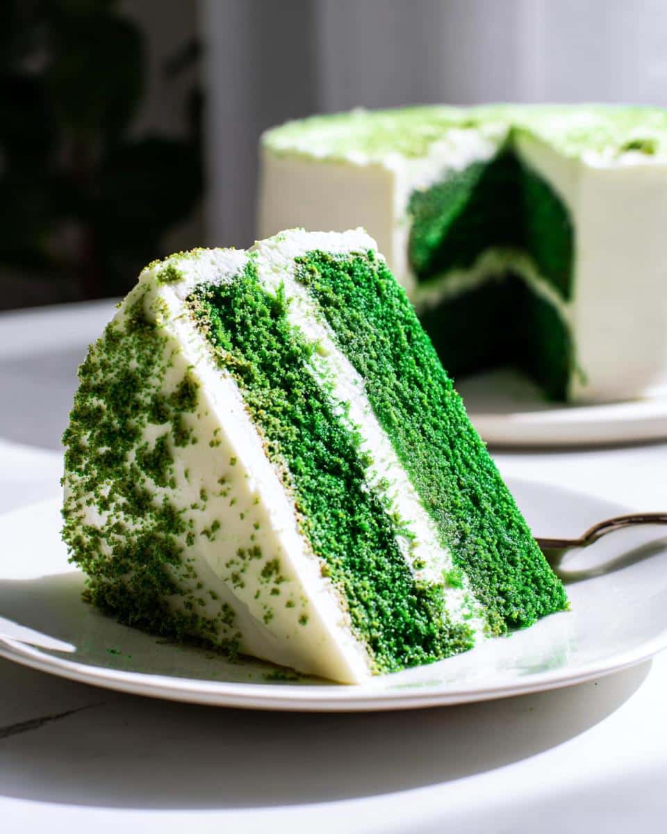 A close-up slice of rich, emerald Green Velvet Cake layered with white frosting, sitting on a plate.