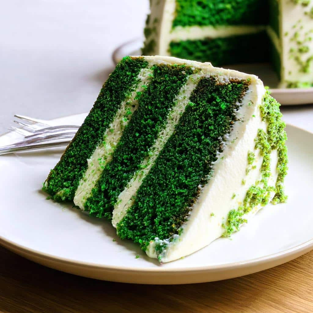 A rich slice of Green Velvet Cake showing vibrant green layers alternating with white frosting, served on a white plate.