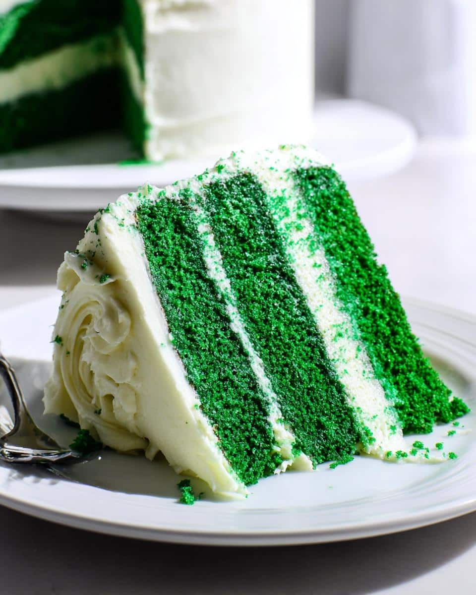 A tall slice of Green Velvet Cake showing four vibrant green layers alternating with white frosting.
