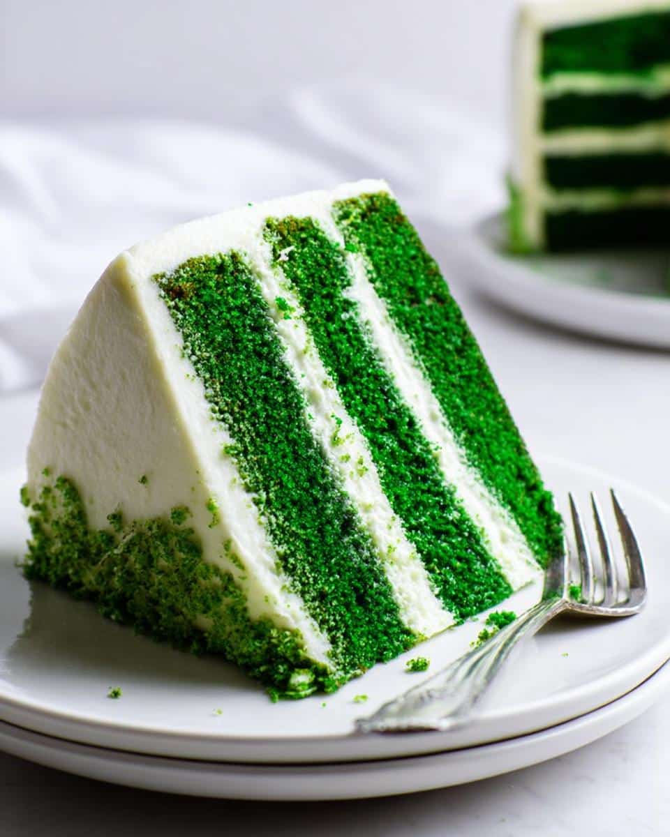 A tall slice of Green Velvet Cake showing three vibrant green layers alternating with thick white frosting layers, served on a white plate.