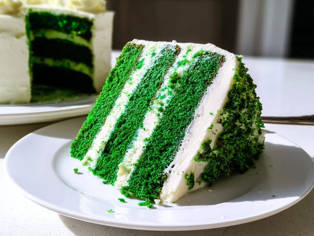 A tall slice of Green Velvet Cake showing multiple vibrant green layers alternating with thick white frosting.