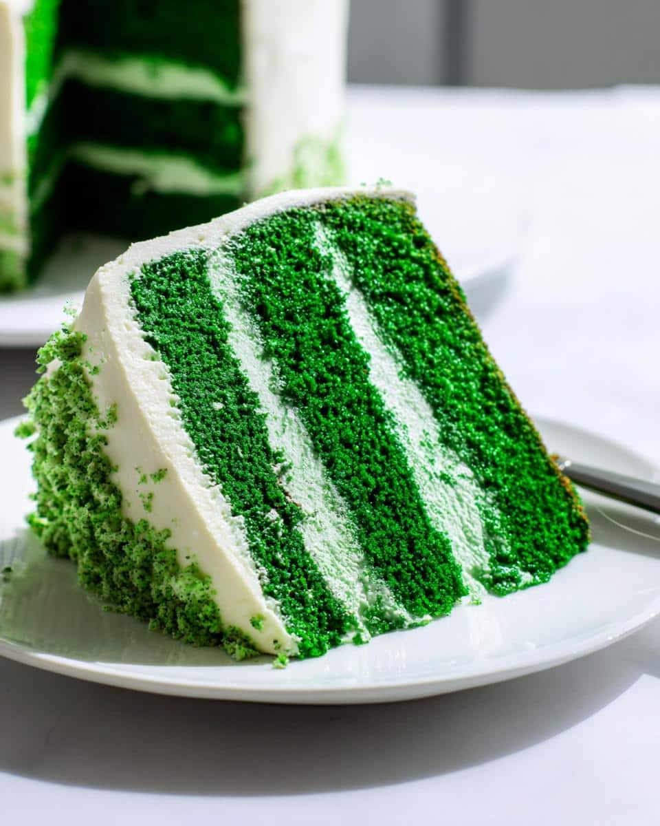 A tall slice of Green Velvet Cake showing alternating vibrant green and white cake layers with thick white frosting.
