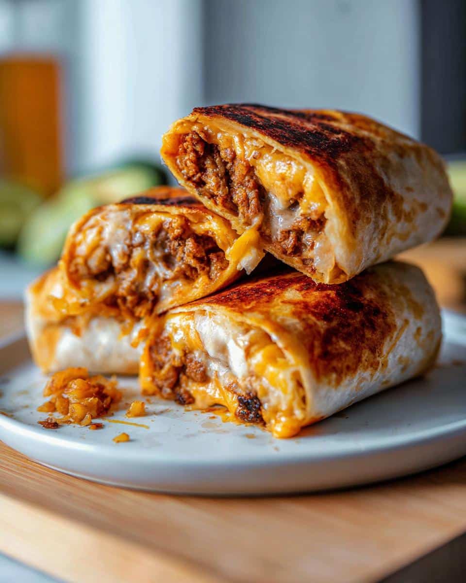 Close-up of a Grilled Cheese Burrito cut in half, showing melted cheese and seasoned meat filling.