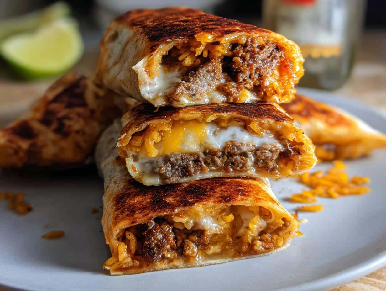 Close-up of a Grilled Cheese Burrito cut in half, showing melted cheese, seasoned meat, and rice filling.