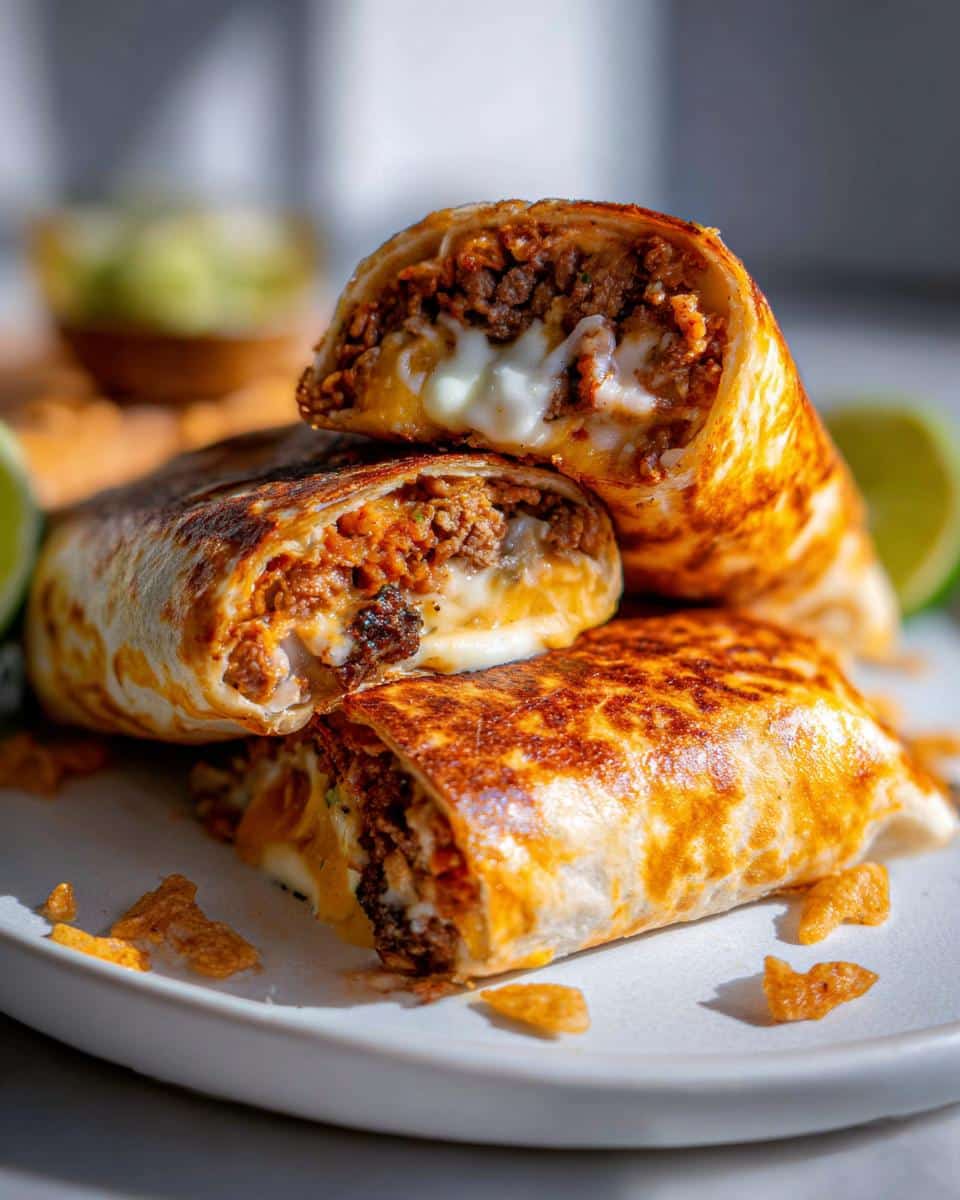 Three halves of a perfectly grilled cheese burrito stacked, showing the spicy ground meat and melted white cheese filling.