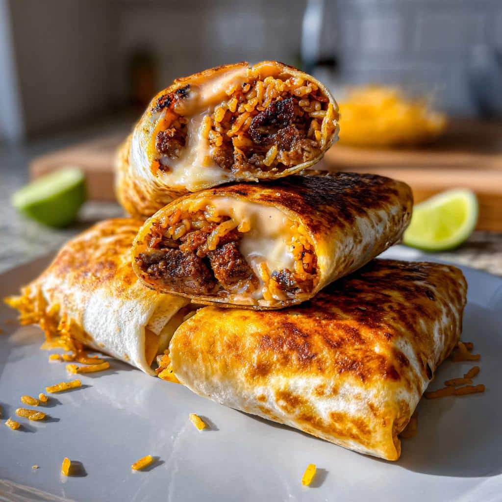Close-up of a stacked Grilled Cheese Burrito cut in half, showing melted cheese, seasoned rice, and meat filling.