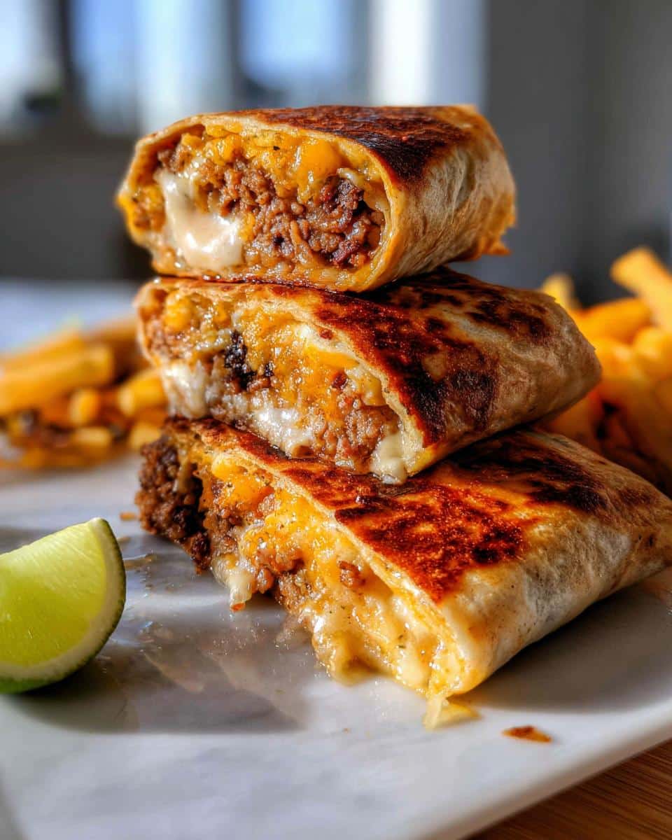 Three halves of a Grilled Cheese Burrito stacked, showing melted cheese and seasoned ground meat filling.