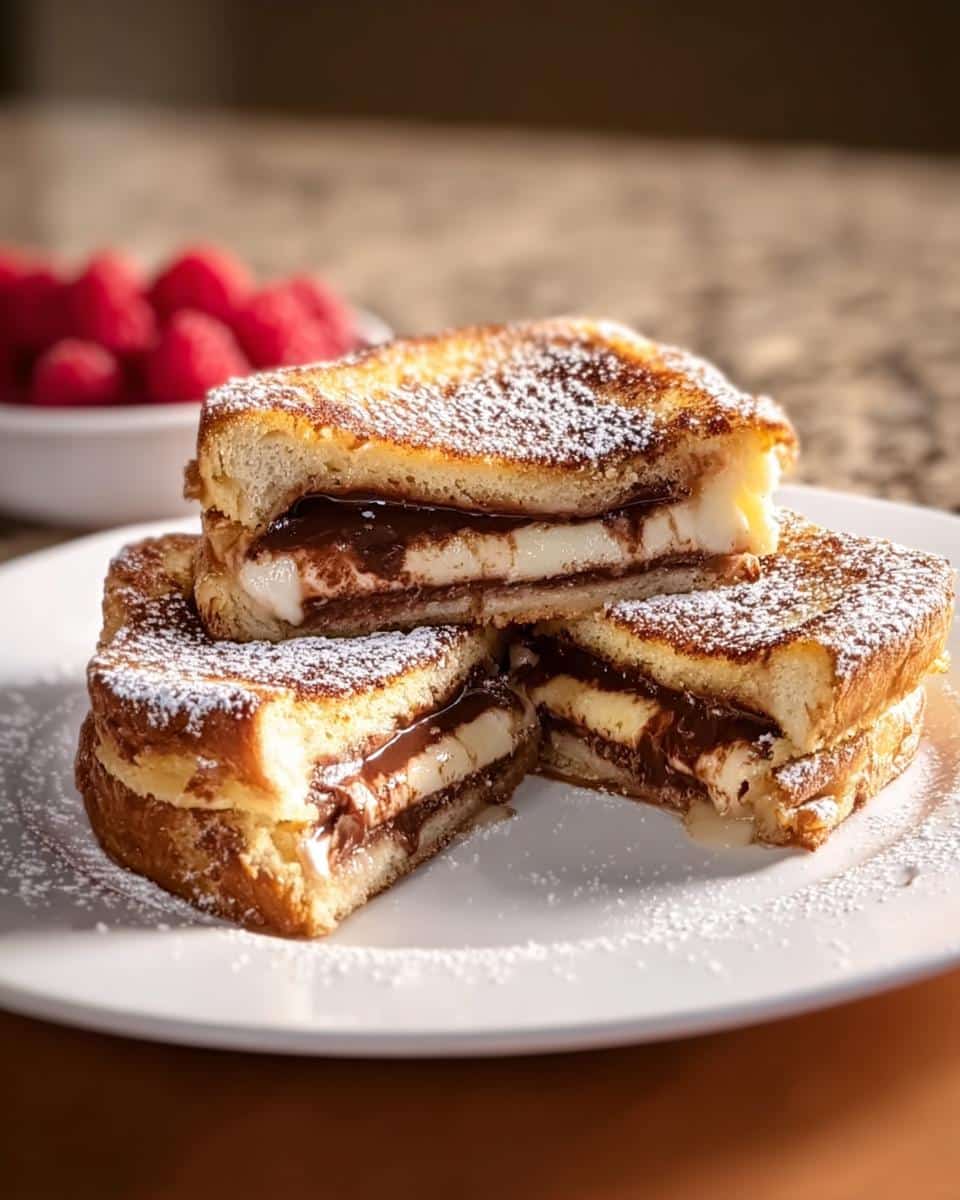 Close-up of a Grilled Cheese Cake cut into quarters, showing layers of cream cheese and chocolate filling, dusted with powdered sugar.