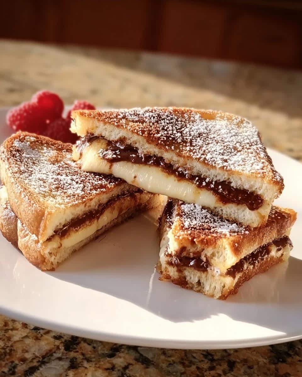 Four stacked slices of sweet Grilled Cheese Cake, showing melted cheese and chocolate filling, dusted with powdered sugar.