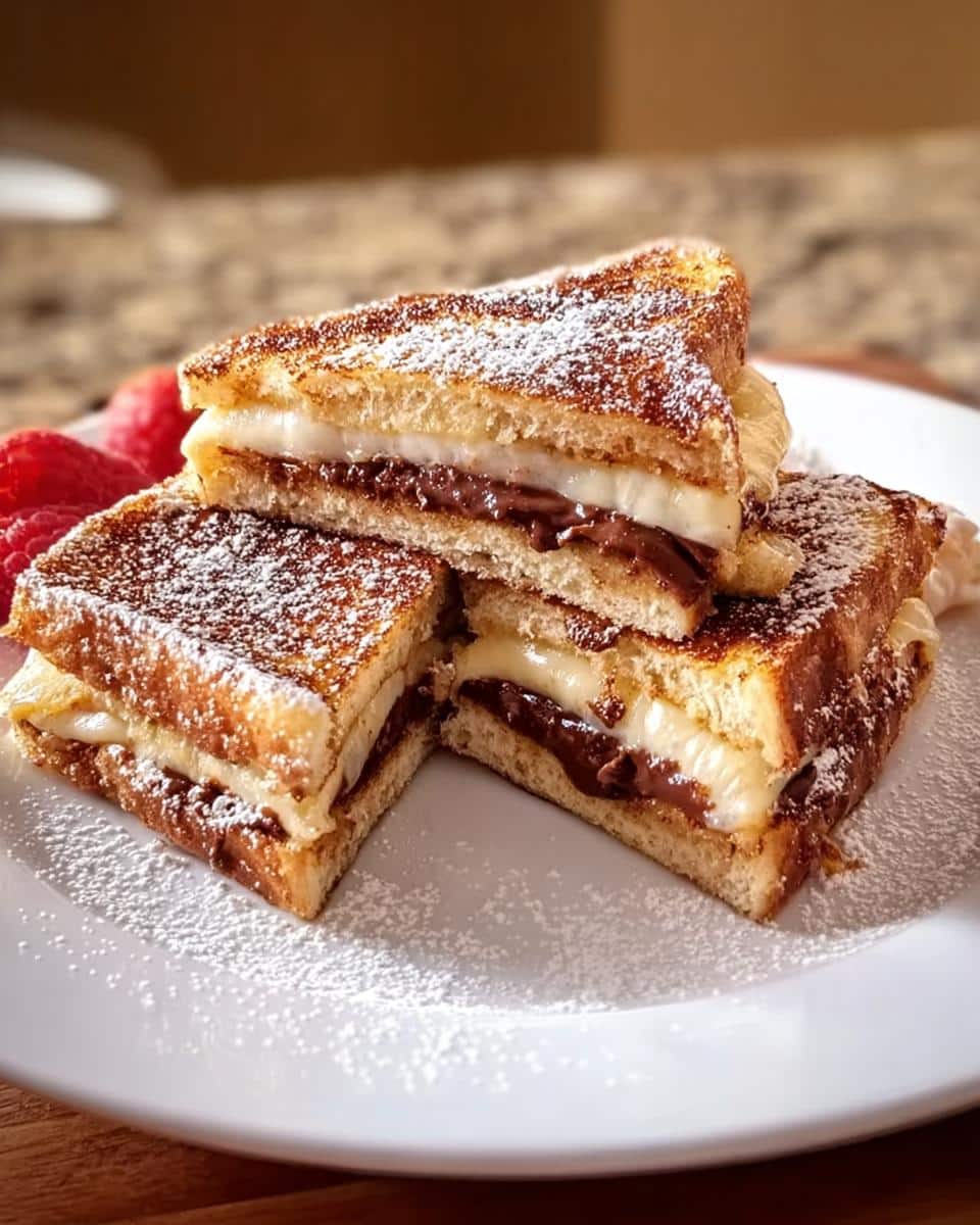 Three stacked, toasted halves of a Grilled Cheese Cake filled with melted cheese and chocolate spread, dusted with powdered sugar.