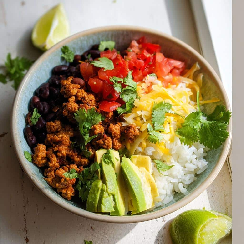 A colorful bowl featuring seasoned ground turkey, black beans, rice, diced tomatoes, shredded cheese, and sliced avocado for Ground Turkey Burrito Bowls.