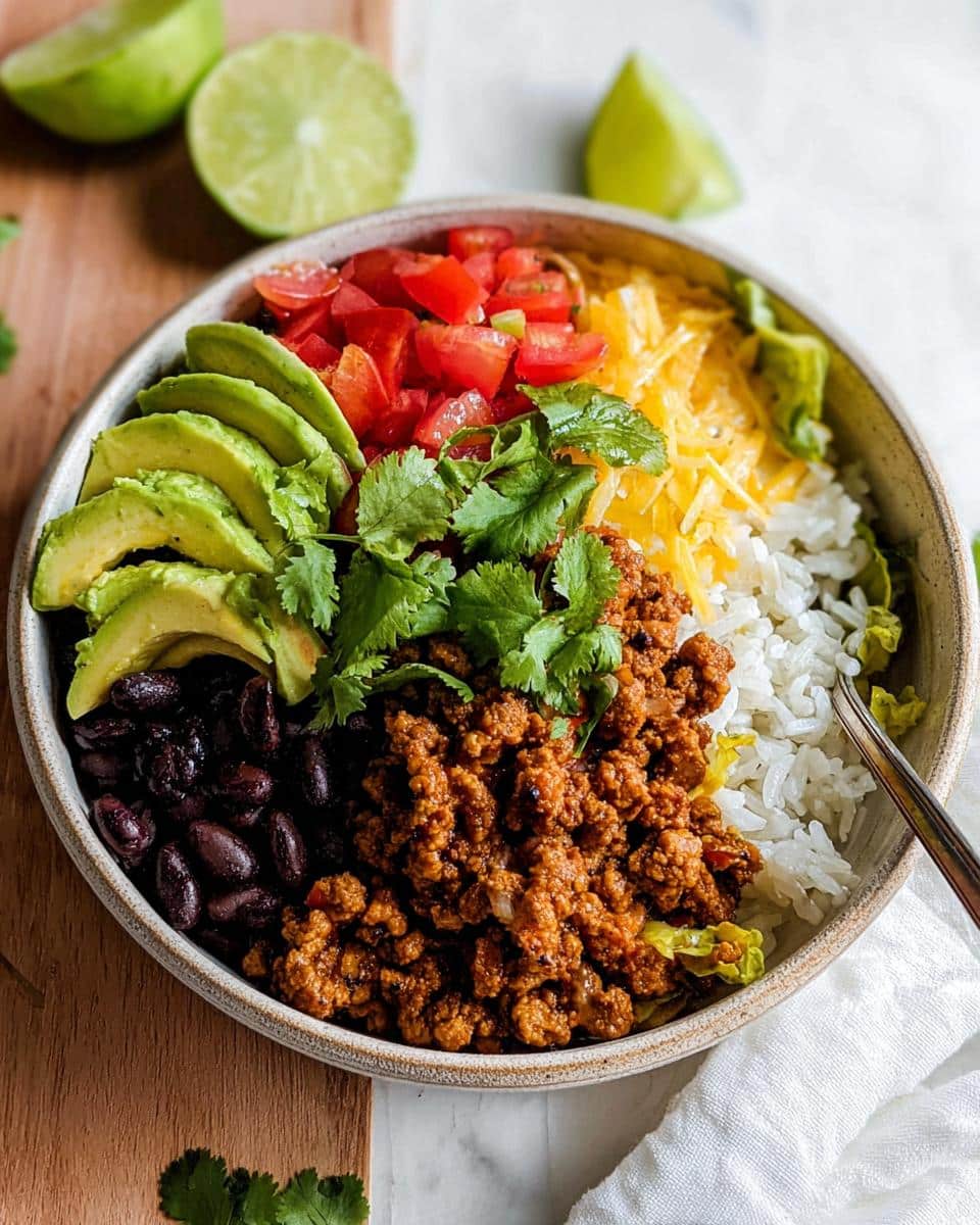 A colorful bowl featuring seasoned ground turkey, white rice, black beans, sliced avocado, diced tomatoes, and shredded cheese.