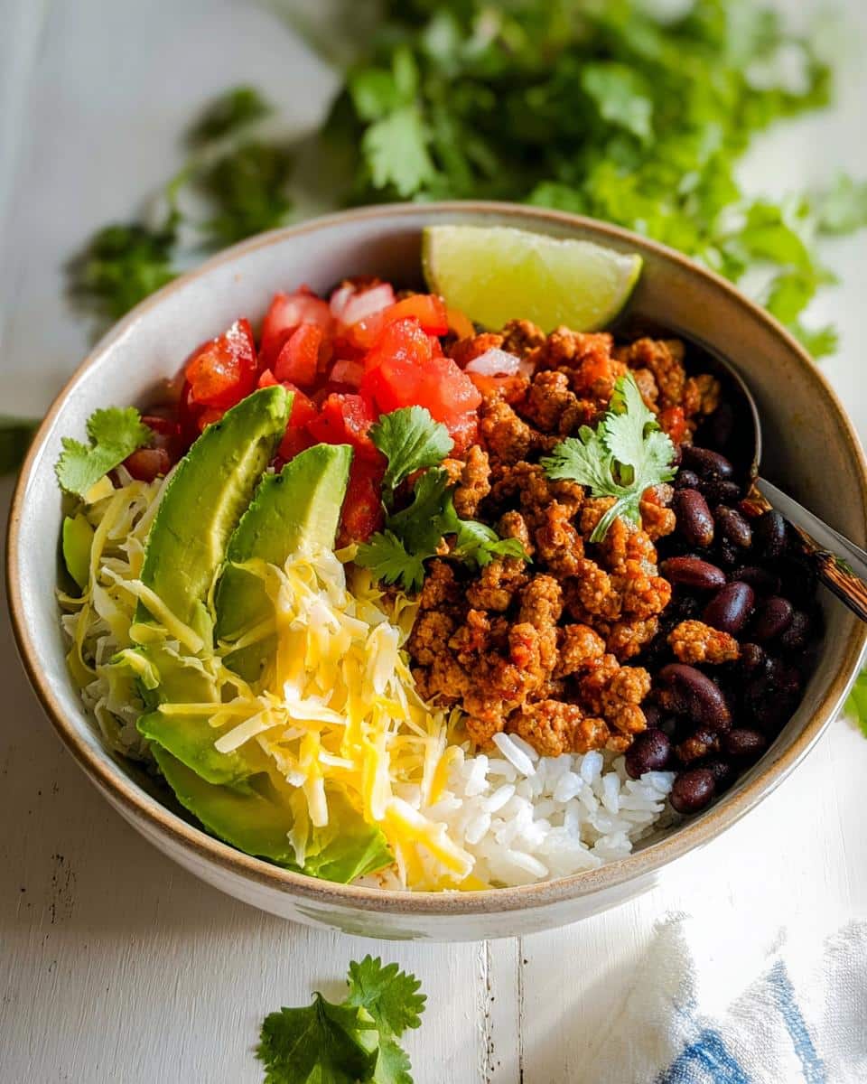 A close-up of a bowl filled with ingredients for Ground Turkey Burrito Bowls, including seasoned ground turkey, rice, black beans, avocado, cheese, and salsa.