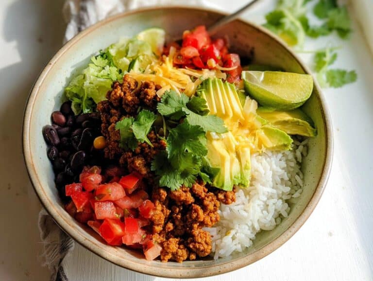 A colorful bowl featuring seasoned ground turkey, white rice, black beans, avocado, tomatoes, and cheese for Ground Turkey Burrito Bowls.