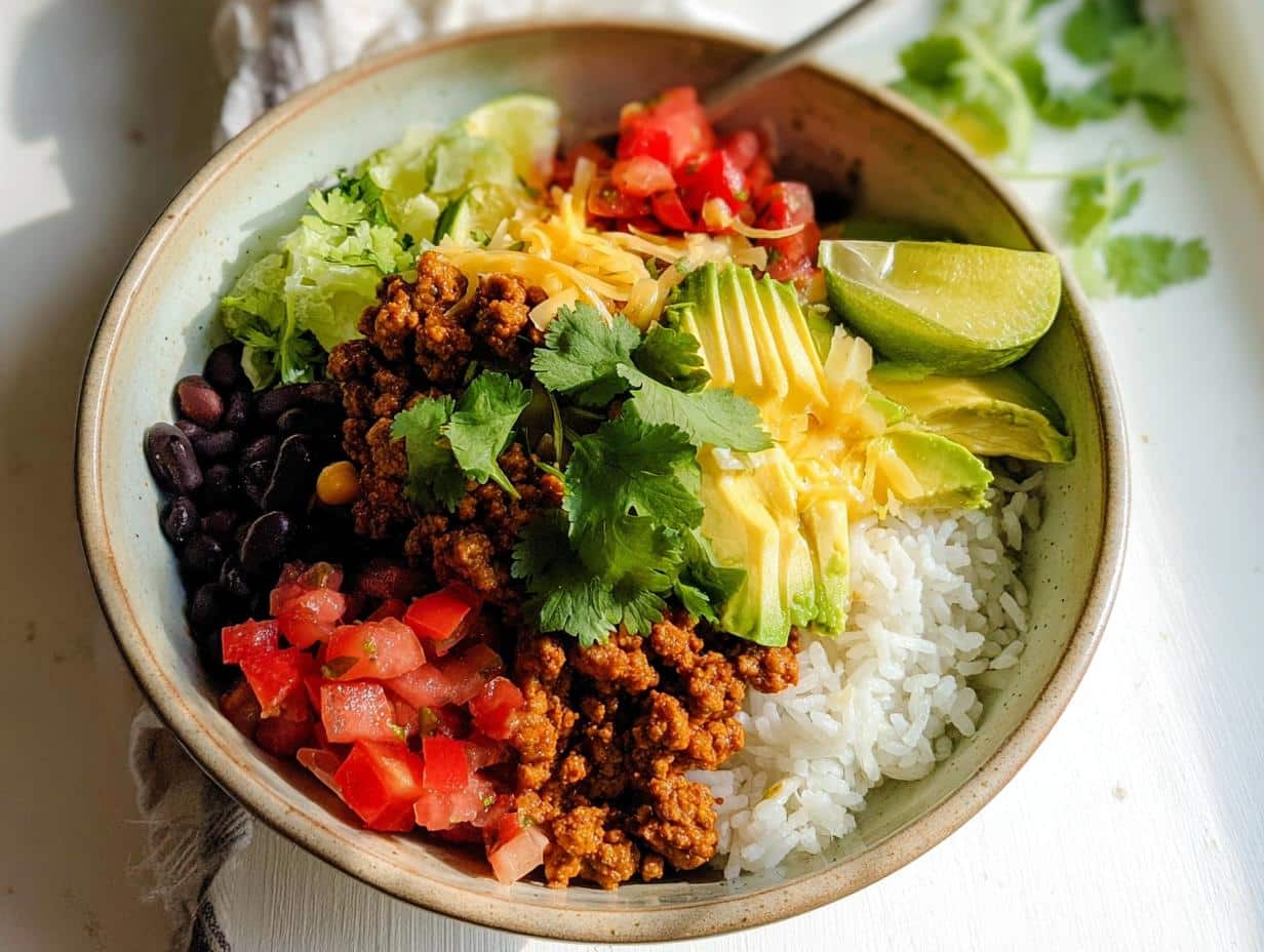 A colorful bowl featuring seasoned ground turkey, white rice, black beans, avocado, tomatoes, and cheese for Ground Turkey Burrito Bowls.