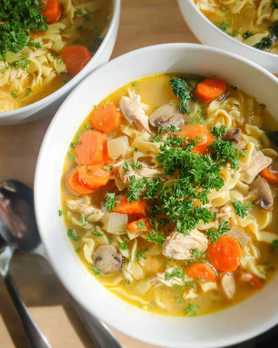 Close-up of a bowl of Gut Healing Chicken Soup featuring shredded chicken, egg noodles, carrots, mushrooms, and parsley garnish.