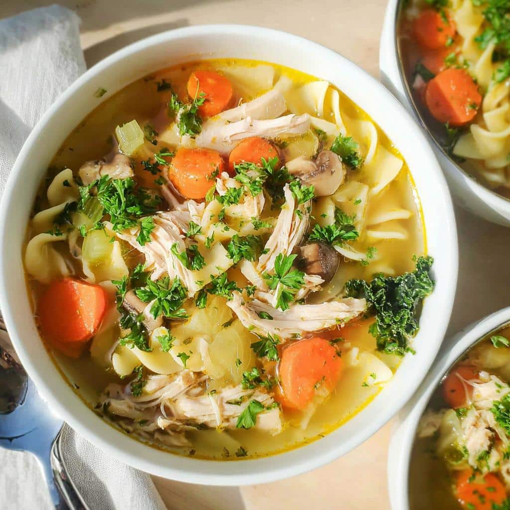 A close-up overhead view of a bowl of Gut Healing Chicken Soup, featuring shredded chicken, egg noodles, carrots, and fresh parsley.
