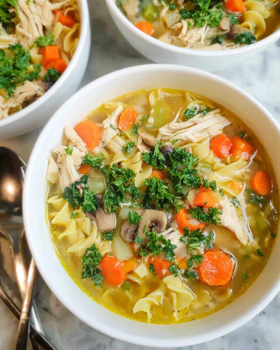 Close-up of a bowl of Gut Healing Chicken Soup featuring shredded chicken, egg noodles, carrots, mushrooms, and parsley.
