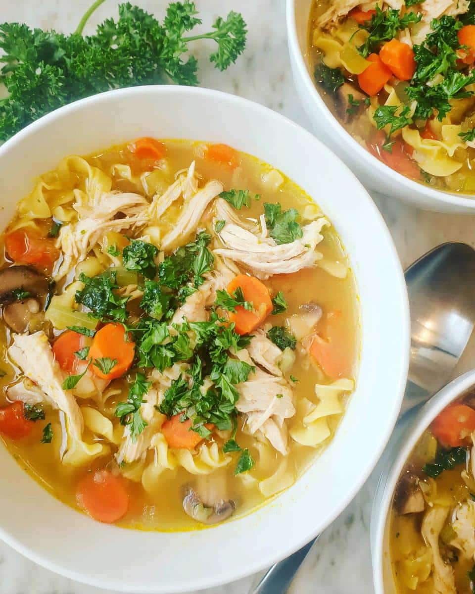 Close-up of bowls filled with Gut Healing Chicken Soup featuring shredded chicken, carrots, noodles, and fresh parsley garnish.