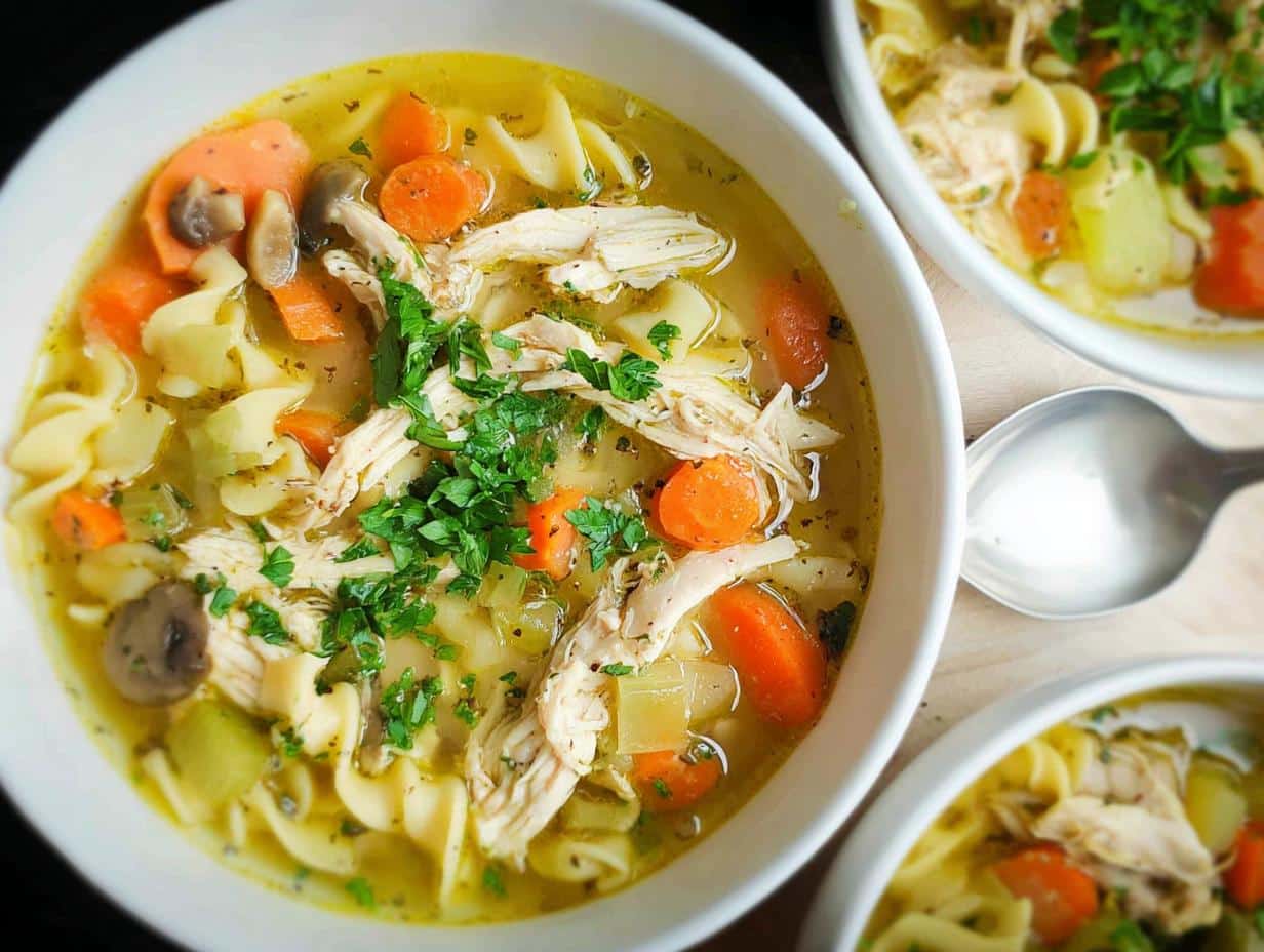 Close-up of a white bowl filled with Gut Healing Chicken Soup featuring shredded chicken, carrots, noodles, and parsley garnish.