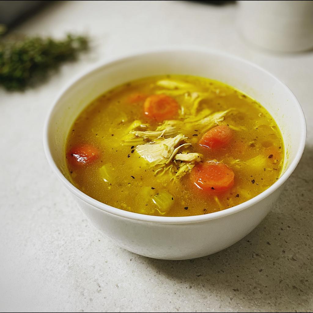 A close-up of a white bowl filled with bright yellow Healing Turmeric Ginger Soup, containing shredded chicken and sliced carrots.