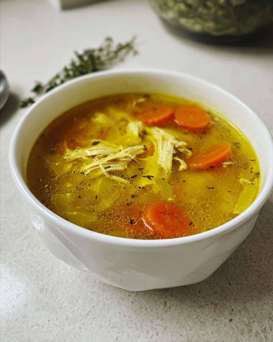 Close-up of a white bowl filled with vibrant yellow Healing Turmeric Ginger Soup, featuring shredded chicken and sliced carrots.