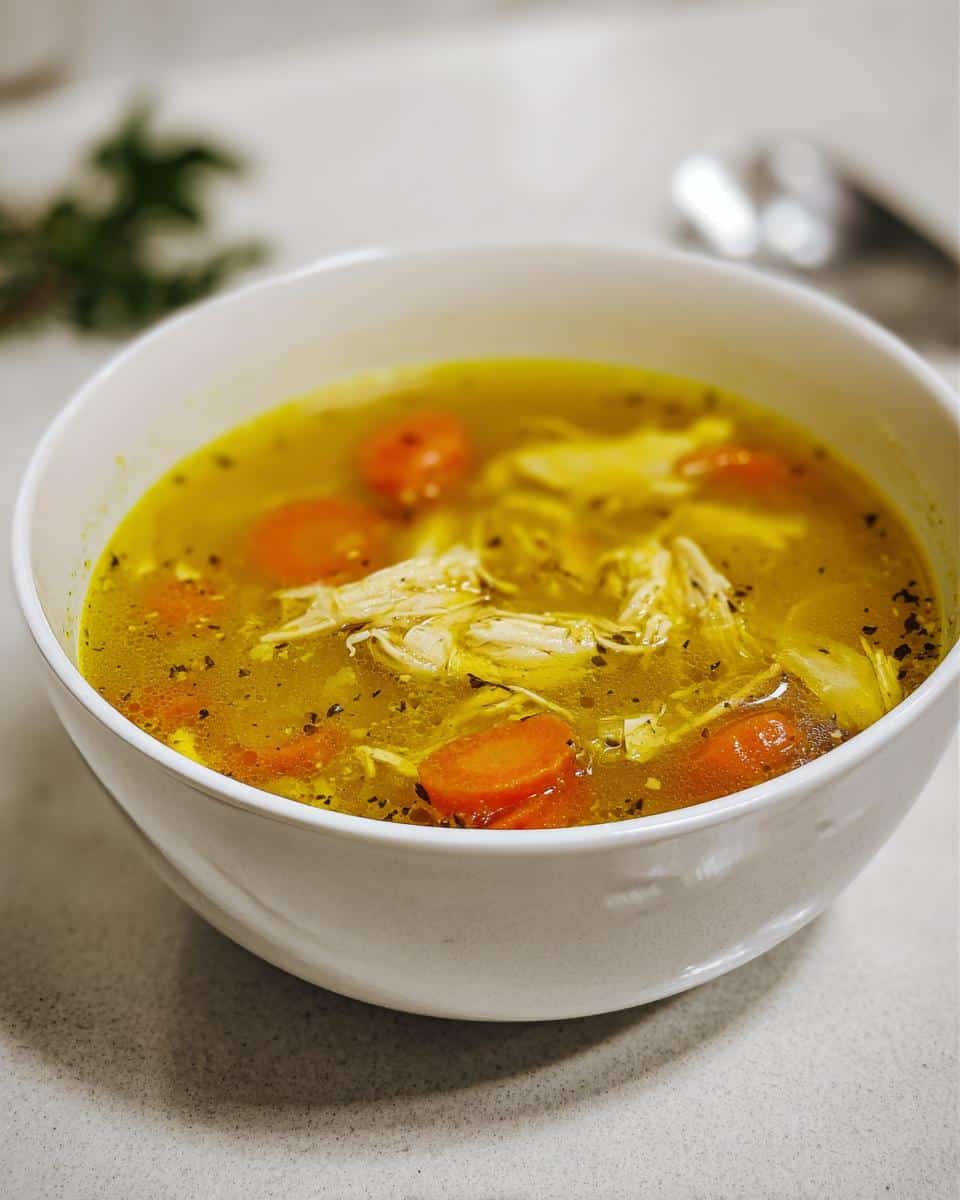 Close-up of a white bowl filled with vibrant yellow Healing Turmeric Ginger Soup, containing shredded chicken and sliced carrots.