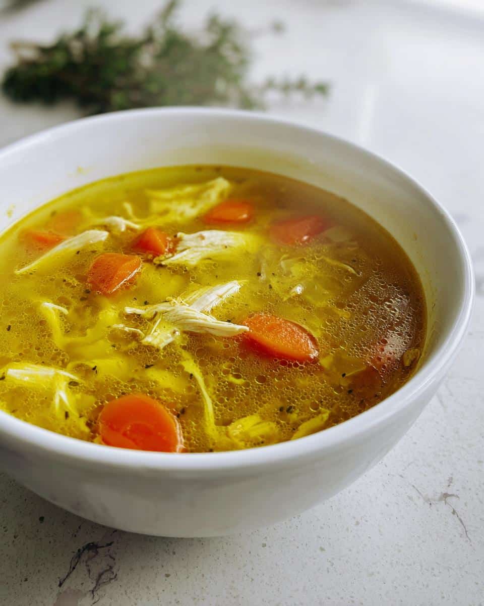 Close-up of a steaming white bowl filled with bright yellow Healing Turmeric Ginger Soup featuring shredded chicken and sliced carrots.