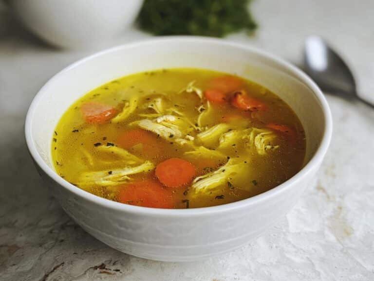 Close-up of a white bowl filled with vibrant yellow Healing Turmeric Ginger Soup, featuring shredded chicken and sliced carrots.