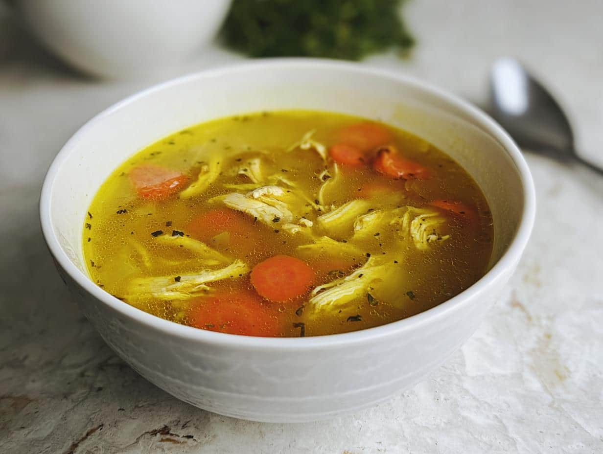 Close-up of a white bowl filled with vibrant yellow Healing Turmeric Ginger Soup, featuring shredded chicken and sliced carrots.