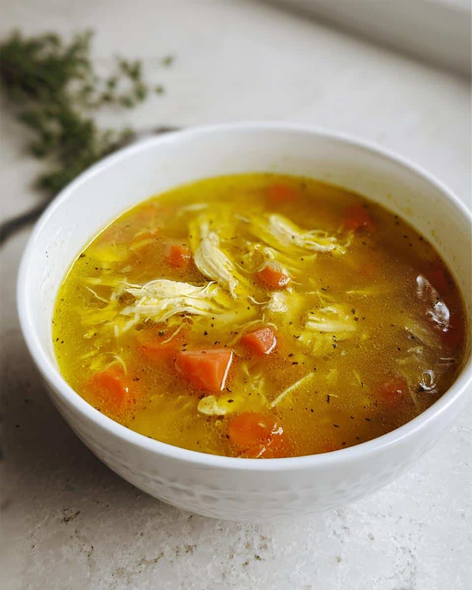 Close-up of a white bowl filled with vibrant yellow Healing Turmeric Ginger Soup, containing shredded chicken and diced carrots.