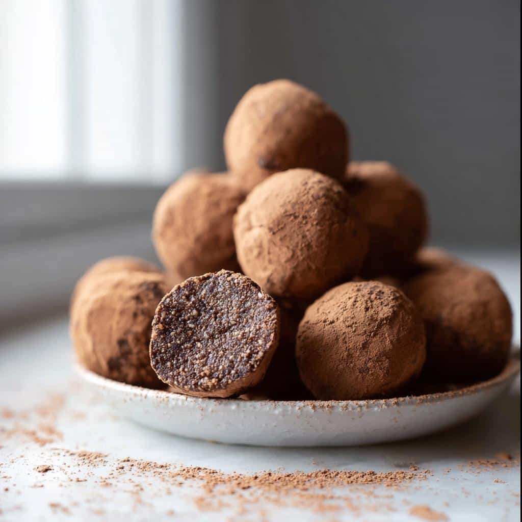 A pile of cocoa-dusted Healthy Bliss Balls for Kids, with one cut in half showing the textured interior.