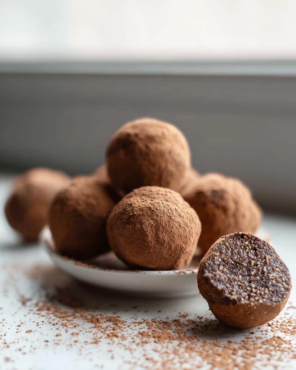 Close-up of cocoa-dusted Healthy Bliss Balls for Kids, one cut in half showing the textured interior.