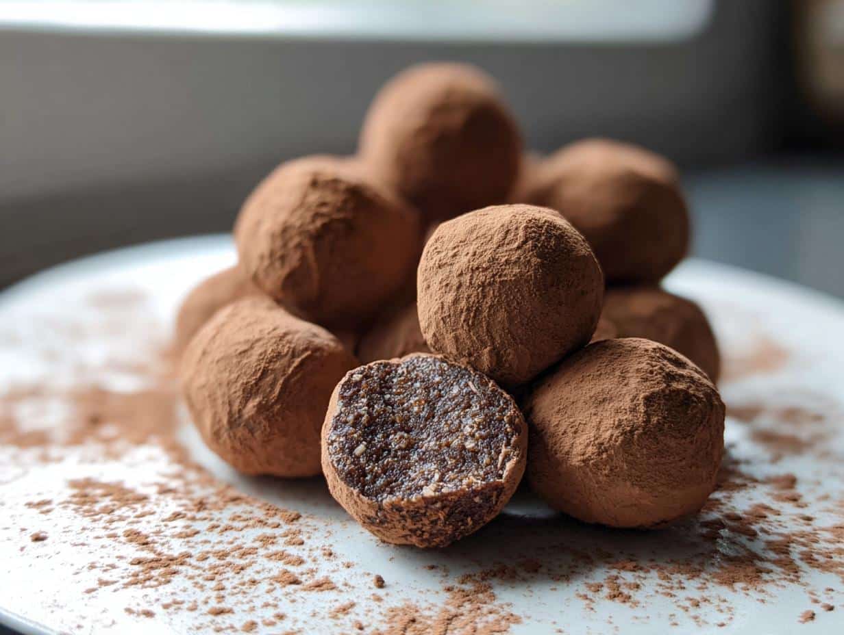 A pile of chocolate-dusted Healthy Bliss Balls for Kids, with one cut in half showing the dense, textured interior.
