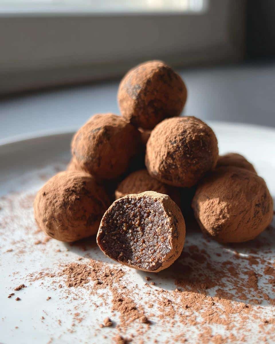 A stack of cocoa-dusted Healthy Bliss Balls for Kids, with one cut in half showing the textured interior.