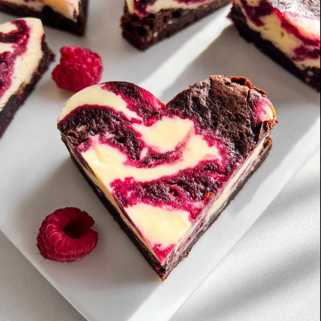 A single, perfectly cut Heart Shaped Brownies slice featuring a rich chocolate base and a raspberry cream cheese swirl.
