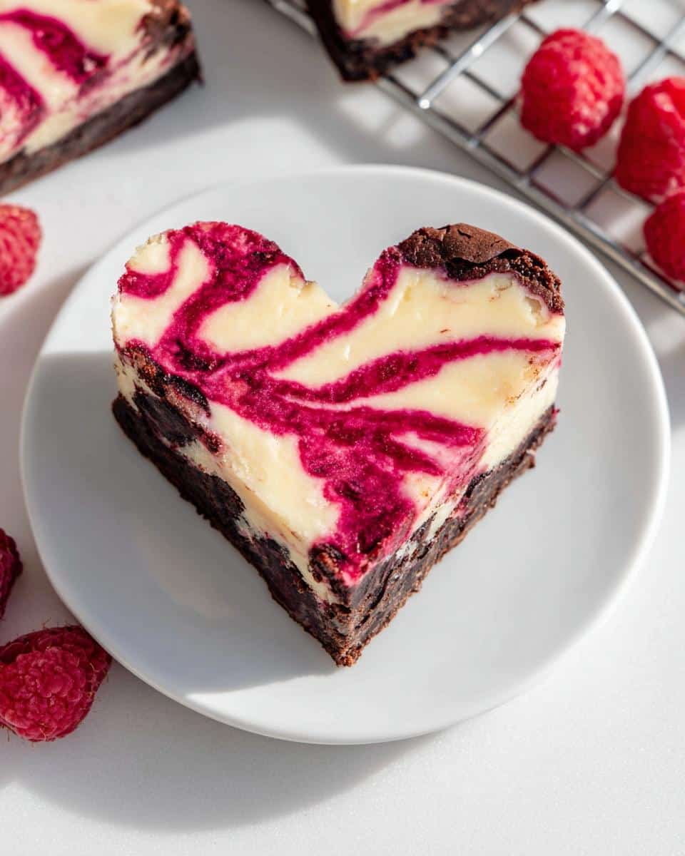 A single slice of Heart Shaped Brownies featuring a rich chocolate base and a cream cheese swirl with bright raspberry streaks.
