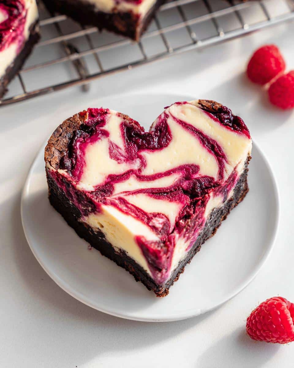 A single slice of Heart Shaped Brownies featuring a dark chocolate base and a white and magenta raspberry cheesecake swirl topping.