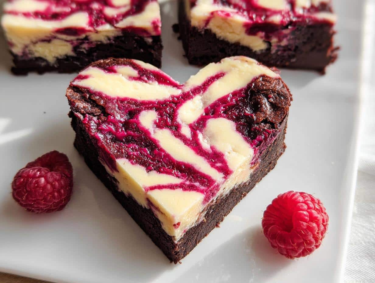 A close-up of a single Heart Shaped Brownies slice featuring a dark chocolate base and a raspberry cream cheese swirl topping.