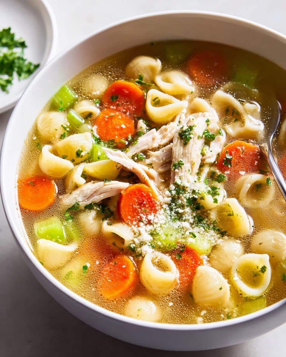 Close-up of a hearty bowl of Protein Chicken Soup featuring shredded chicken, shell pasta, sliced carrots, celery, and a sprinkle of Parmesan.