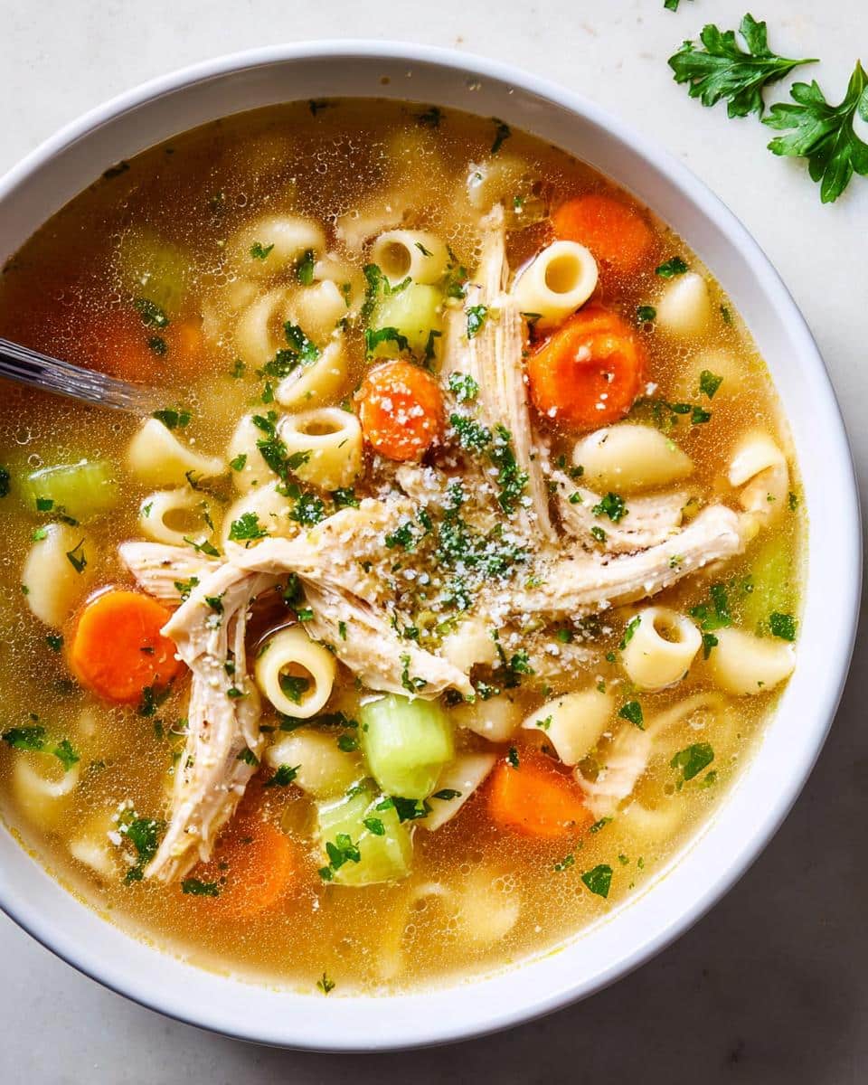 Close-up overhead view of a bowl of Protein Chicken Soup featuring shredded chicken, carrots, celery, pasta, and parsley.