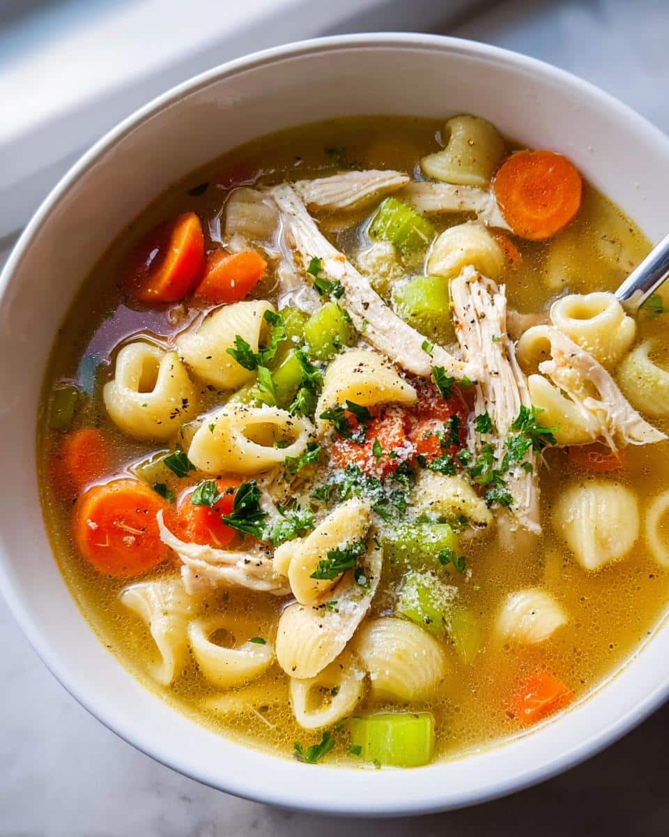 Close-up of a hearty bowl of Protein Chicken Soup featuring shredded chicken, shell pasta, carrots, celery, and grated cheese.