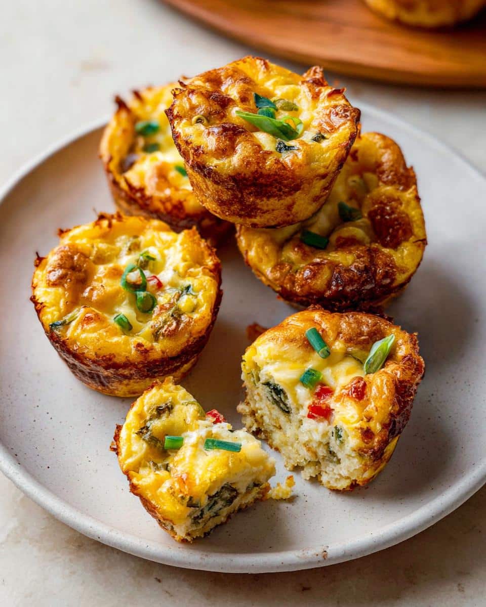 Close-up of golden-brown High-Protein Gluten-Free Breakfast Cups, one broken open showing egg, cheese, and vegetables.