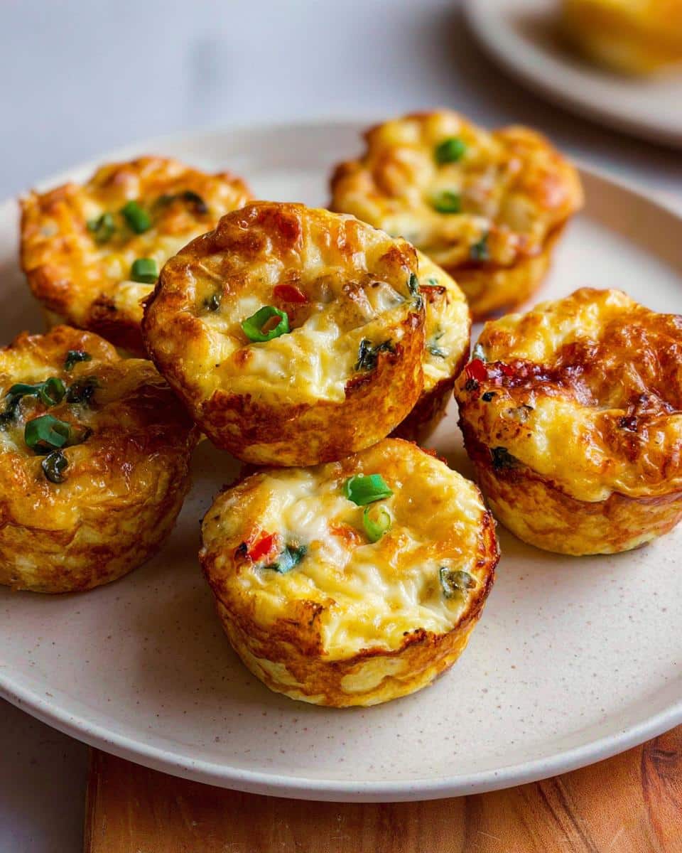 A close-up of several golden-brown High-Protein Gluten-Free Breakfast Cups garnished with green onions on a light plate.