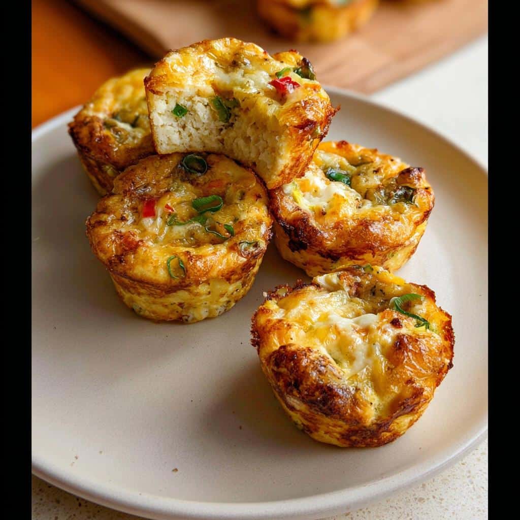 A stack of golden-brown High-Protein Gluten-Free Breakfast Cups topped with melted cheese and green onions.