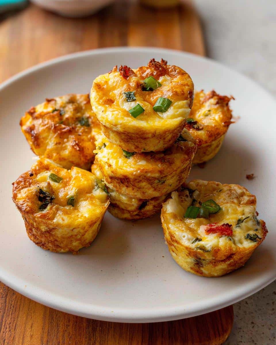 A stack and grouping of baked High-Protein Gluten-Free Breakfast Cups topped with melted cheese and green onions.