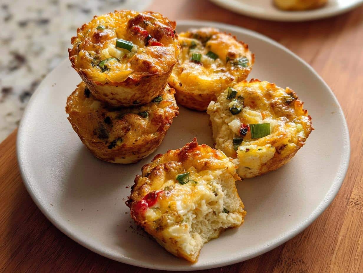 A stack of golden-brown High-Protein Gluten-Free Breakfast Cups garnished with green onions on a light plate.